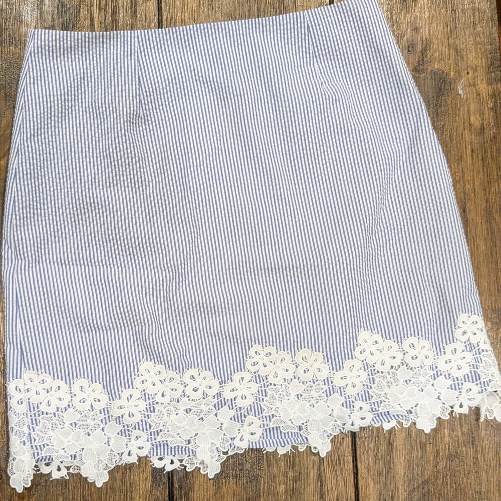 Blue and White Striped Skirt with Lace Trim